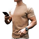 [Manatsulife] Tシャツ メンズ トレーナー 半袖 ニット 丸首 細身 無地 カジュアル スウェット D113 (L, カーキ)