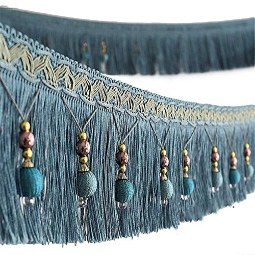Yalulu 4 Yards European Type Braided Beads Hanging Ball Tassel Fringing Trimmings Fringe Trim Ribbon Band for Curtain Table Home Accessories DIY Decoration (Blue)