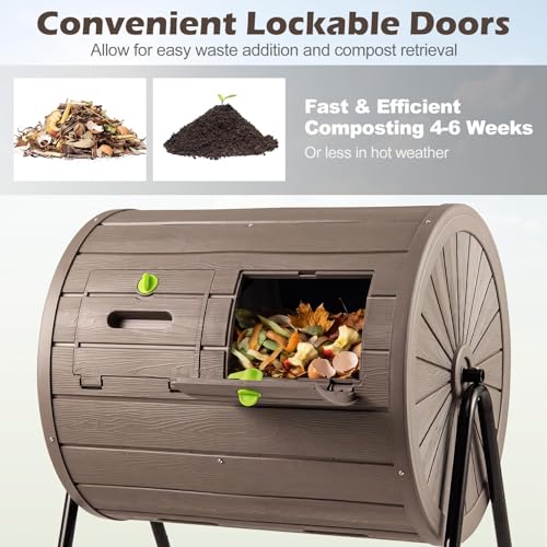 FANTASK 142L Trommelkomposter, 70 x 63 x 92cm, Mobiler Komposter mit 2 abschließbare Türen, Schnellkomposter aus PP & Metall, 360° drehbar, Gartenkomposter für Garten, Balkon (Kaffee)