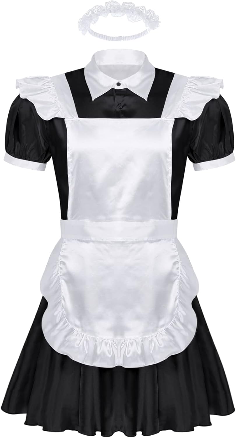 Hedmy Adult Men's Frilly Satin French Maid Uniform Crossdressing Lingerie Outfit Set with Apron