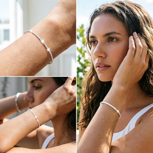Adjustable Thin Chain Bracelet for Women, Dainty White Gold Plated Silver Bracelets, Delicate and Minimalist Wrist Jewelry — view 3