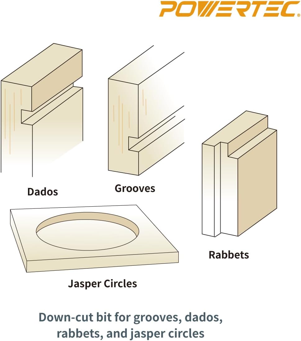 POWERTEC 10Pcs Solid Router Template Bushing Guides Sets with Solid Carbide Downcut 1/8" Spiral Router Bit. Router Bits 1/4" Shank Fits All Porter Cable Style Router Sub Bases