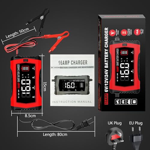 HTRC 16A Autobatterie Ladegerät, 6V/12V/24V Batterie Ladegerät für Auto LKW Motorrad Rasenmäher Boot Marine Batterien, Lithium, LiFePO4, Blei-Säure Ladegerät für AGM, Gel, EFB usw