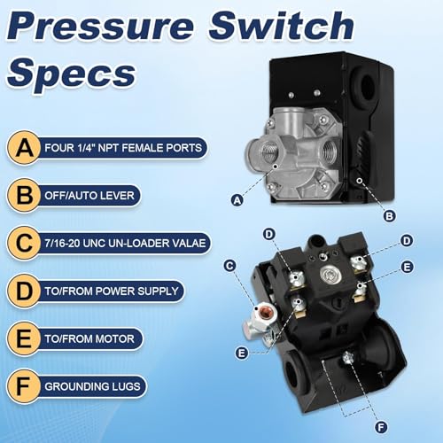 Replacement Pressure Switch for 23474653, Exact Replacement Pressure Switch 135-175 PSI for Ingersoll-Rand 5 HP Single Phase Compressor, Compatible with Models 2340L5, 2340N5, 2340D5-V, TS4L5, TS4N5 &ndash;