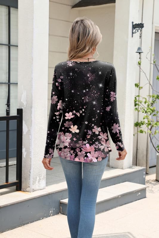 Women Long Sleeve Top V Neck Casual Shirt Loose Fit Fall Blouse Trendy Tunic Clothes 20254