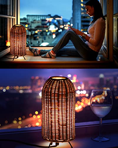 Phichy Rattan Bedroom Table Lamp, Bedside Lamp For Nightstand, Small Desk Lamp With Round Bamboo Woven Light Shade For Living Room, Kids Room, Dorm, Home Office (2200K Led Bulb Included) #TOP1