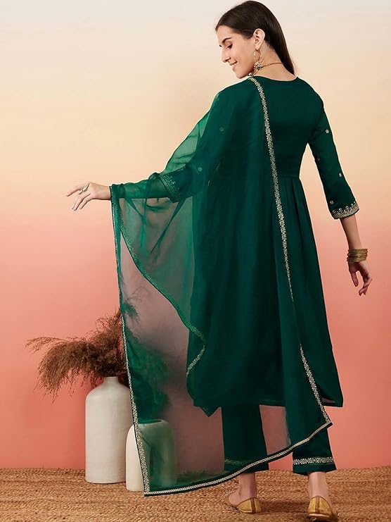 Lookmark Women's Embroidered Georgette Alia Cut Kurta Pant Dupatta Set - Trendy And Elegant Ethnic Wear For Women (Az-Lm-Og-Ks2110-L) Green