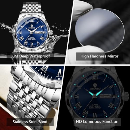 Image of BINBOND Men's Watch Luxury Business Dress Analog Quartz Stainless Steel Casual Date Wrist Watches for Men Easy Read Roman Numeral Large Dial Waterproof Luminous