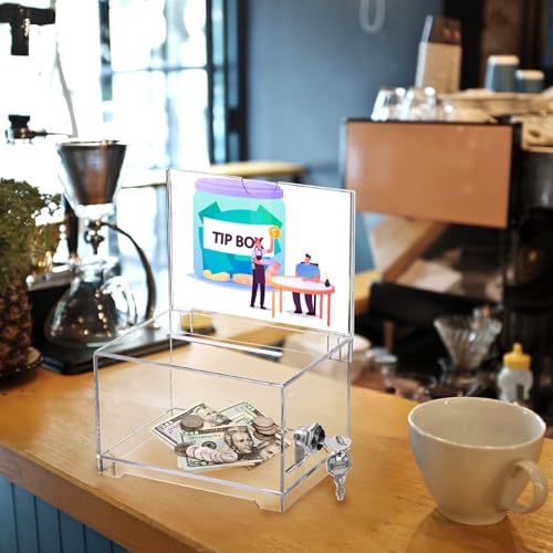 YOUEON Acrylic Donation Box with Lock and Sign Holder 6.3x4.5x4 Inches Clear Ballot Box, Suggestion Box Comments Box Locking with 2 Keysfor Ticket Vote, Coin, Card, Lottery, Money Collection, Donation by YOUEON - Used condition - Image 5