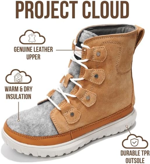 Project Cloud 100% Genuine Leather Womens Snow Boots- Genuine Leather Waterproof Memory Foam Insole and Non-Slip Winter Snow Boots For Women Footwear - Outdoor Shoes (Leonora)
