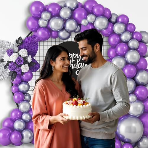 Image of Party Propz Silver and Purple Balloons For Birthday Decoration - 50 pcs Purple and Silver Balloons For Decoration | Metallic Balloons For Decoration | Happy Birthday Balloon Decoration Kit (Latex)