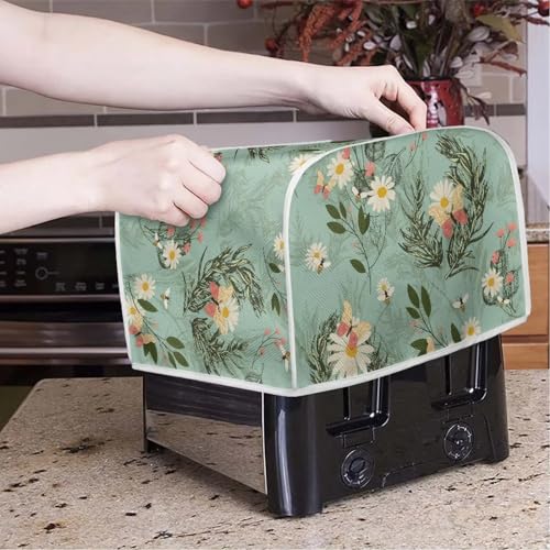 Image of Toaster Dust Cover 2 Slice, Microwave Toaster Oven Grill Stain Resistant Dustproof Kitchen Small Appliance Cover with Top Handle, Daisy Bee Leaf Blue