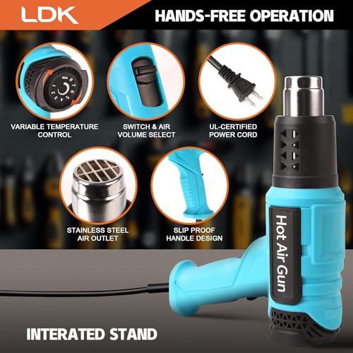 LDK Heat Gun for Crafting Shrink Tubing, 2000W Heavy Duty Hot Air Gun 1.5s Fast Heating, 140°F~1100°F Variable Temperature Control Heat Gun Kit with 2 Air Flow and 4 Nozzles for Vinyl Wrap