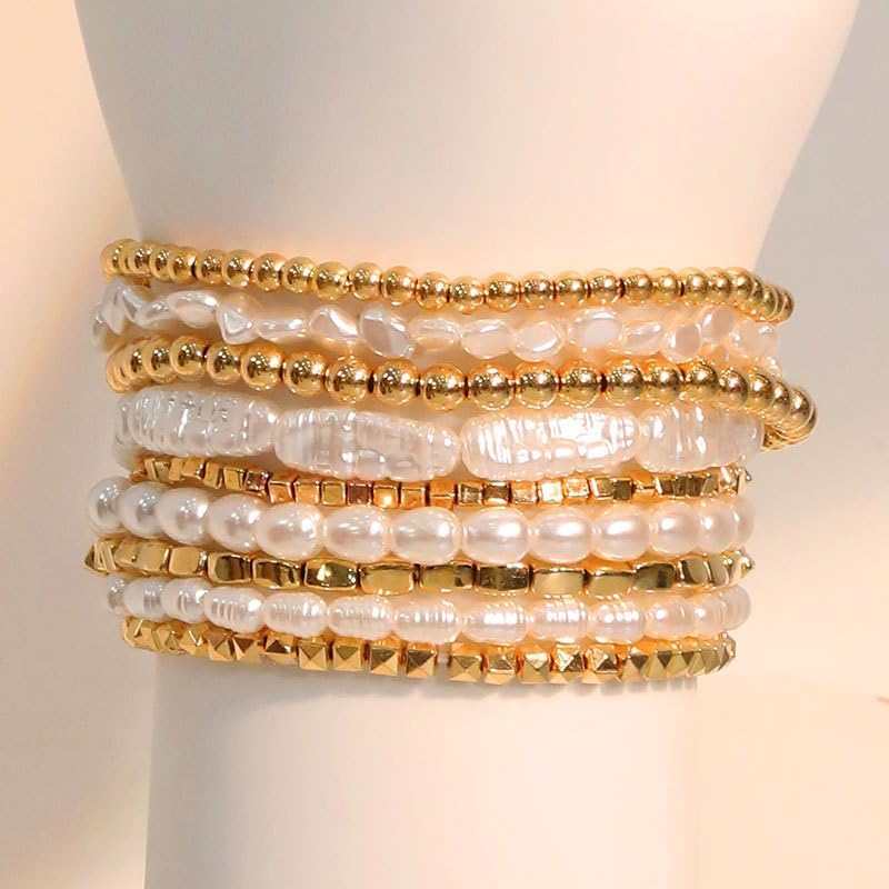 7PCS Layered Beaded Bracelets Set for Women Trendy Stretch Elastic Round Ball Beads Bangles Boho Chunky Gold Stackable Bracelets Dainty Jewelry for Gifts - Image 3