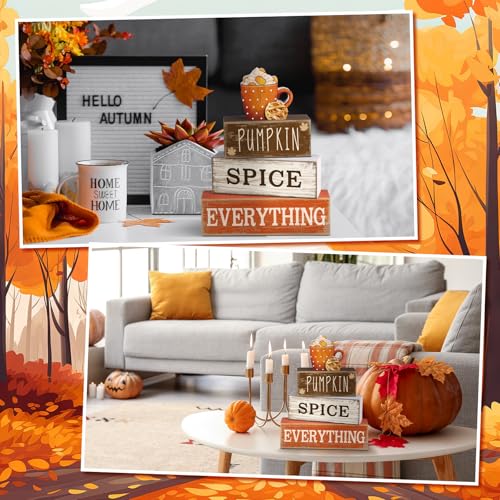 Image of Moucuny 4 Pcs Thanksgiving Decorations for Home Fall Cup Decor Thanksgiving Table Centerpiece Fall Tiered Tray Decor Rustic Wooden Cup Block Sign Gift Farmhouse for Harvest Party Home Kitchen