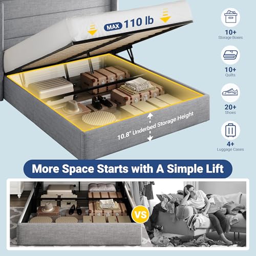 Image of Allewie Queen Size Lift Up Storage Bed, Modern Wingback Headboard, Hydraulic Support, No Box Spring Needed, Light Grey