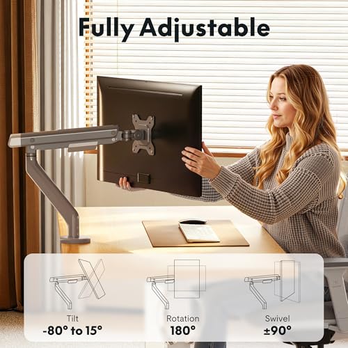 Image of FlexiSpot Single Monitor Arm, Premium Aluminum Monitor Desk Mount Fits Screen up to 35 Inches 19.84 lbs, Fully Adjustable Monitor Stand with C-Clamp & Grommet Base for Home Office, Gun Gray