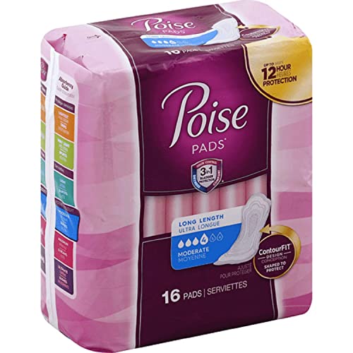 Poise Pads, Moderate Absorbency - Long, Pk/16 #TOP24