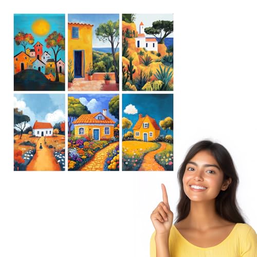 Image of SiddArtify Colorful House Wall Art Prints Set - Whimsical Landscape Poster Decor for Living Room Bedroom Office - 8x12 Sticker Pack of 6