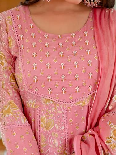 Image of Pure Cotton Anarkali Kurta Set for Women with Dupatta | 3 Piece Cotton Anarkali Suit | Floral Aari Work | Flared Ethnic Wear