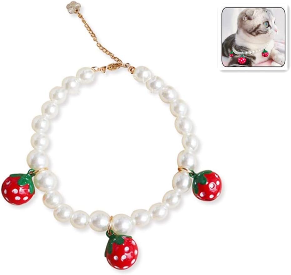 Pearl Bell Pet Collar Cats Dogs Necklace Collar Jewelry, Luxury Princess Adjustable Paws Pet Collar, Strawberry Bell Pendant for Small…