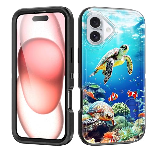 BFUKVOU for iPhone 17 Case with Built in Kickstand,Shockproof/Dustproof/Drop Proof 3-Layer Military Grade Protective Cover for iPhone 17 6.3" 2025,Sea Turtle Fish