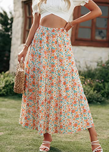 Image of KIRUNDO Maxi Skirts for Women Summer Boho Floral Long Skirt | High Waist Tiered Flowy Skirt, 2026 Spring Fall Fashion, Casual Teacher Outfits, Beach Vacation Clothes, Cruise Resort Wear