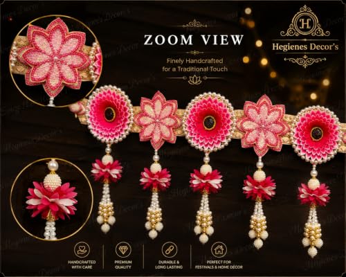 Image of Premium Handmade Artificial Flower Door Toran for Main Entrance | Pink Floral Pearl Hanging with Decorative | Traditional Wall & Door Decor for Home, Pooja Room | 38.5 Inch