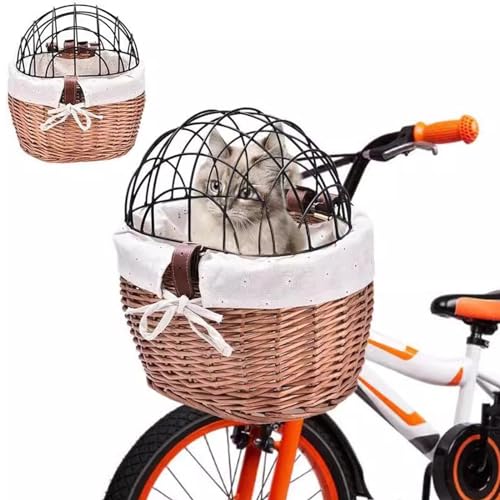 JXYQZD Fahrradkorb Hund, Hundefahrradkorb, Korbgeflecht-Fahrradkorb für Kleine Hunde Katzen-Haustierträger, Vorderradkorb mit Drahtgeflechtabdeckung (11,8 x 9,8 x 11,8 Zoll)