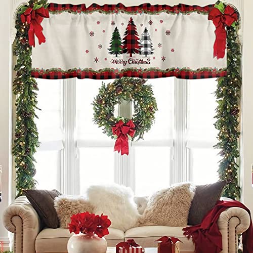 Christmas Valance For Windows Pine Tree Holly Window Toppers Valances Rod Pocket 1 Panel Snowflake Xmas Buffalo Plaid Check Window Treatments For Kitchen Bathroom Bedroom 54 X 18 Inch #TOP1