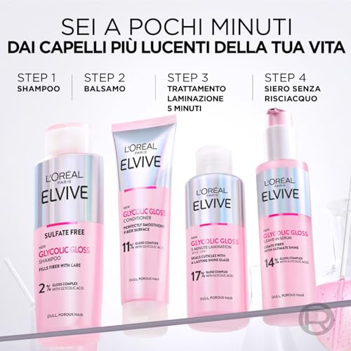 L’Oréal Paris Elseve Elvive Glicolic Gloss odżywka 150 ml + szampon 200 ml + 150 ml serum bez płukania + 200 ml 5-minutowy zabieg do laminowania włosów matowych i porowatych – 4 butelki