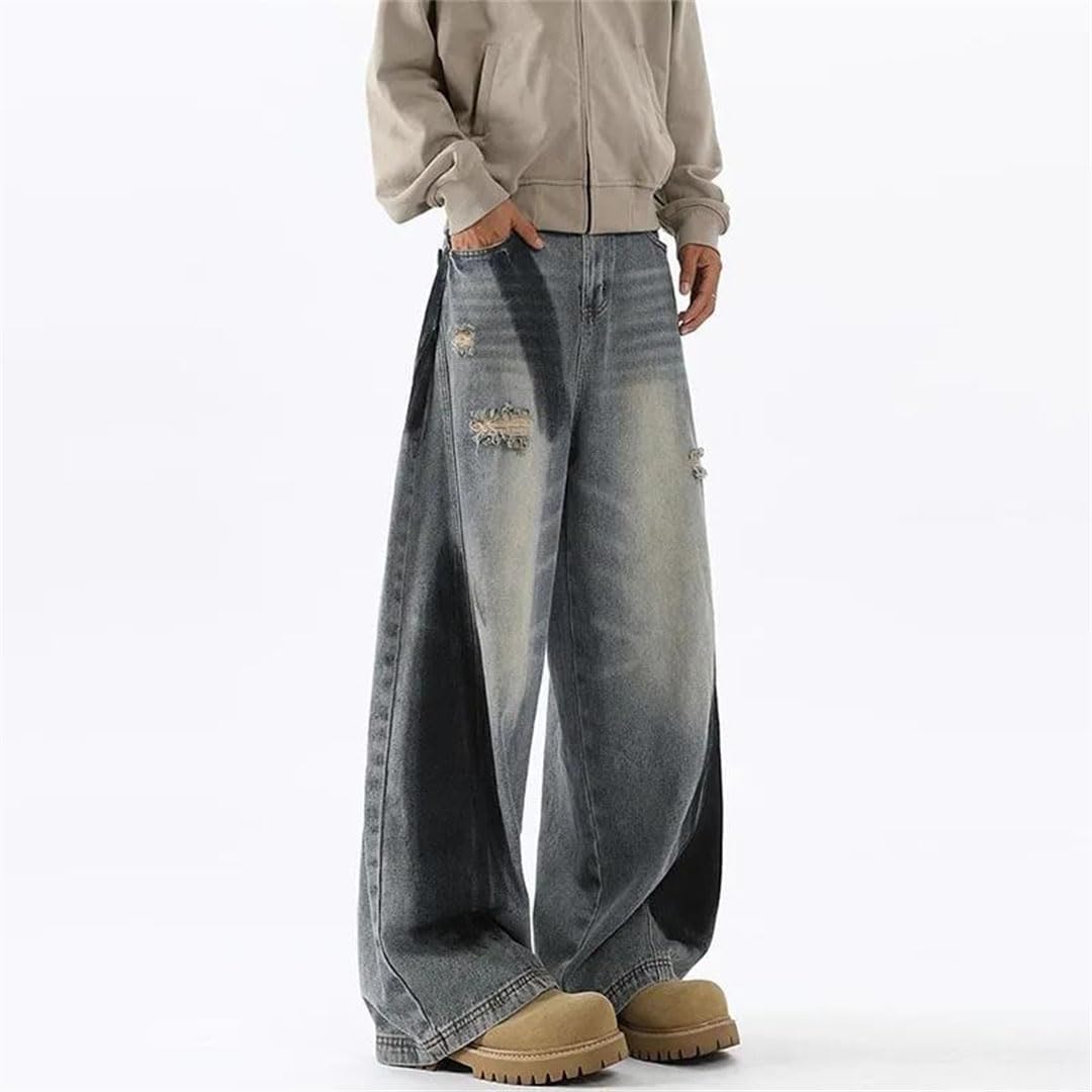 Men's Korean Patchwork Ripped Jeans Retro Wide Leg Straight Baggy Casual Denim Pants