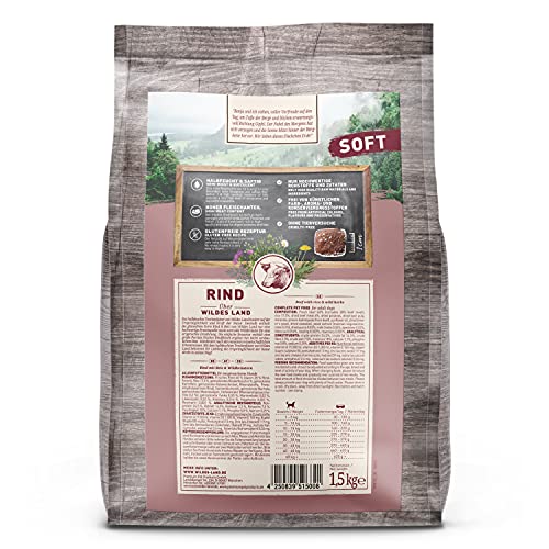 Wildes Land - Halbfeuchtes Trockenfutter für Hunde - Rind - 1500 g - Soft mit Reis und Wildkräutern - Glutenfrei - Extra viel Fleisch - Für alle Hunderassen - Beste Akzeptanz