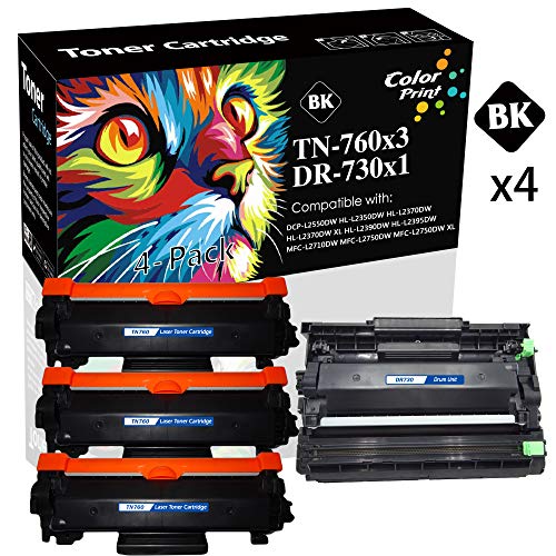 (3 Toner + 1 Drum) TN730 TN-760 TN760 Toner Cartridge DR730 DR-730 Drun Unit Used for Brother HL-L2350DW L2390DW L2370DWXL DCP-L2550DW MFC-L2710DW MFC-L2750DWXL Printer, by ColorPrint