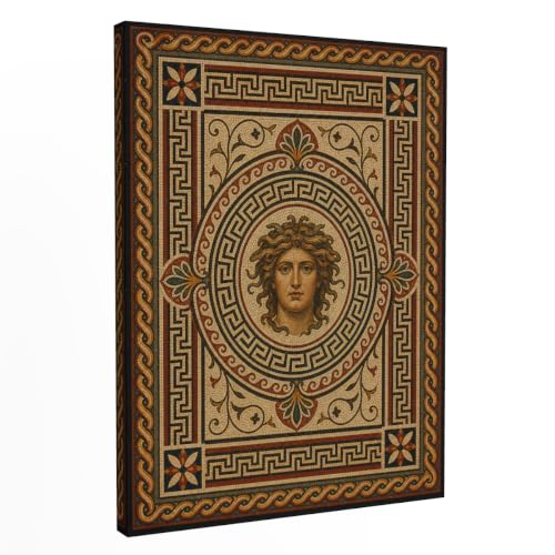 Tela Stories Roman Medusa Mosaic Pattern Canvas Wall Art Ancient Greek Key Geometric Tile Print Stretched Gallery Wrapped Canvas for Living Room, 18×24 inches (45×60 cm)
