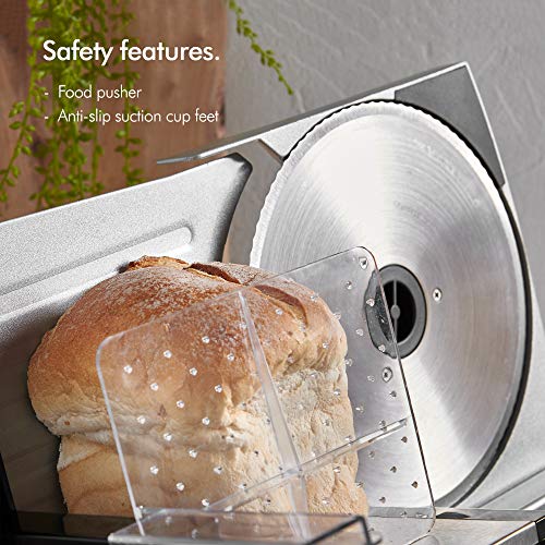 VonShef Meat Slicer Electric Food Cutting Deli and Food Machine For Meats Cheese Bread, Vegetables Precision Thickness Control, Sliding Plate, Food Pusher, Anti Slip Feet - Stainless Steel