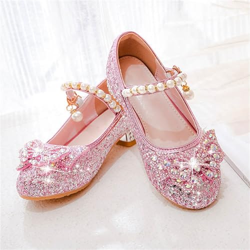 Girls High Heels Glitter Mary Jane Shoes with Pearl Bow | Glitter upper pearl strap and rhinestone bow create a playful dress shoe for celebrations and photos Pink Size 1 - image 6