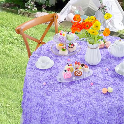 QueenDream Lavender Rosette Tablecloth Round Wedding 60 Inch Tablecloth for Baby Shower Birthday Tea Party Dining Dessert Table Docorations