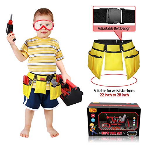 LOYO Kids Tool Set - Pretend Play Construction Toy with Tool Box Kids Tool Belt Electronic Toy Drill Construction Accessories Gift for Toddlers Boys Ages 3 , 4, 5, 6, 7 Years Old (red)