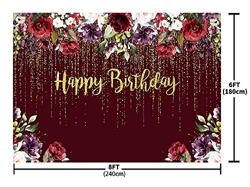 ABLIN 8x6ft Gold Happy Birthday Burgundy Backdrop Woman Girl Burgundy Red Purple Flowers Photo Background Dripping Beads Floral Party Decorations Cake Table Banner Supplies