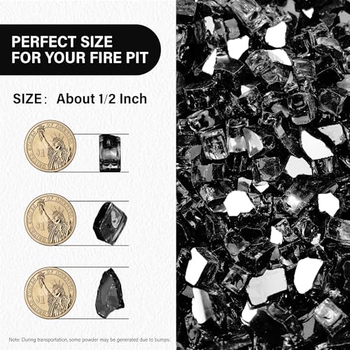 NUPICK 10 Pound Fire Glass, 1/2 Inch Reflective Fire Glass, Fit with Fire Pit Glass and Fireplace Glass, Black