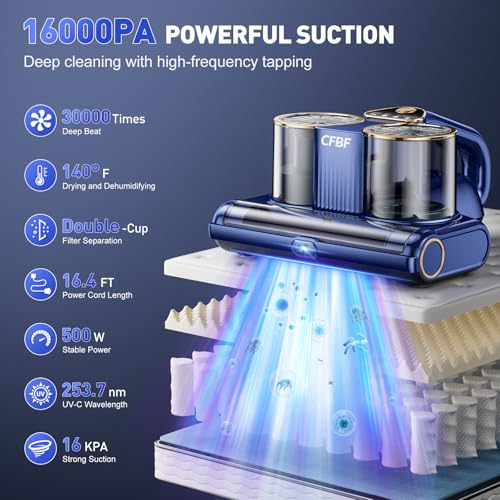 CFBF Mattress Vacuum Cleaner, Bed Vacuum Cleaner with 16Kpa Suction 253.7nm UV-C Light, Ultrasonic & High Heating, 500W Powerful Double-Cup Handheld Vacuums for Bed, Sofa, Couch, Crib, 16.4FT Corded by CFBF - Used condition - Image 2