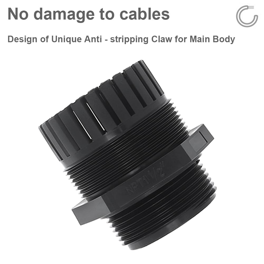 RTNLIT Prensaestopas NPT de 1-1/2 pulgadas, conectores de cable de alivio de tensión de plástico de nailon ajustable impermeable con juntas (paquete de 1)