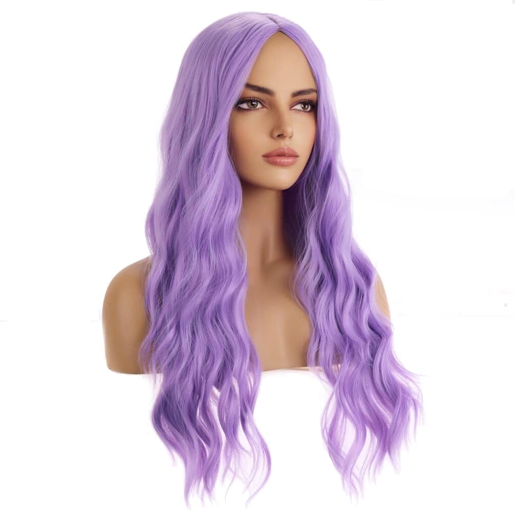 BERON Purple Wig for Women Long Wavy Wig Purple Long Curly Wigs Lavender Synthetic Wigs for Daily Party