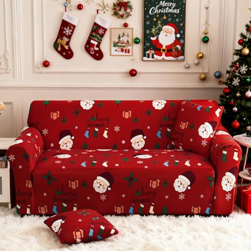 Luxudecor Capa de sofá de Natal vermelha elástica para sofás e namoradeiras, 1 capa de sofá com tema natalino para protetor de móveis de quarto (2 lugares)