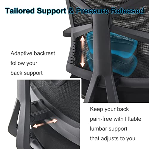 Holludle Ergonomic Office Chair With Adaptive Backrest, High Back Computer Desk Chair With 4D Armrests, Adjustable Seat Depth, Lumbar Support And 2D Headrest, Swivel Task Chair, Black #TOP2