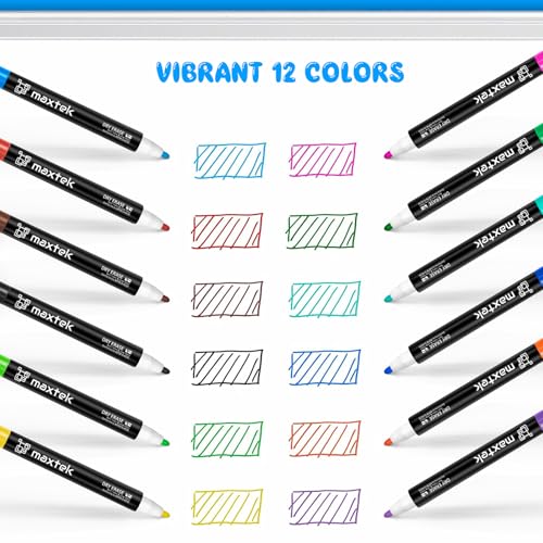 maxtek magnetic whiteboard markers - 12 count colorful fine tip dry erase markers with eraser for kids low odor thin markers for calendar boards