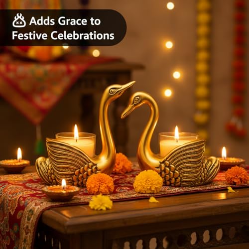 Image of Kalakriti Golden Swan Pair Candle Holder Showpiece for Home Decoration and Good Luck | Aluminium Swans Couple Idol for Anniversary Valentine Wedding Gift & Living Room Decor (Candles not Included)