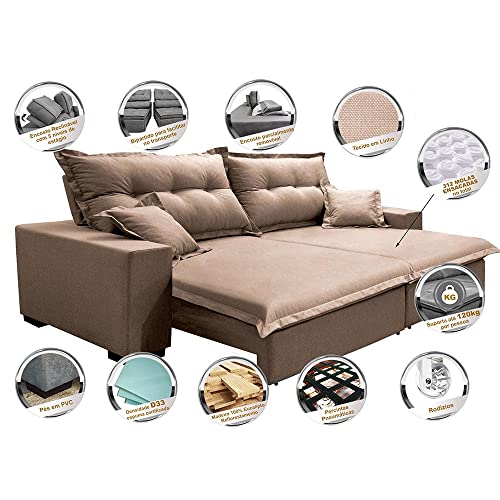 Sofá Retrátil e Reclinável com Molas Ensacadas Cama Inbox Prime 2,92m Tecido Linho Bege Escuro