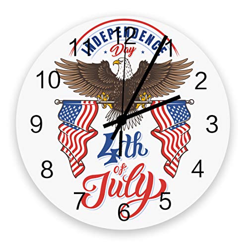 TAOGAN Independence Day Wall Clock American Flag Eagle July 4th Wood Clock Silent Non Ticking Star Red White Stripe Round Clock Battery Operated Decorative Clock, 12 x 12 inch